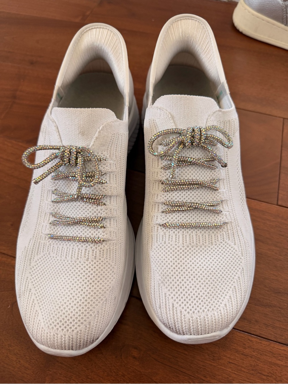 Sketchers White Knit Slip-On Sneakers with Sparkle Rhinestone Laces